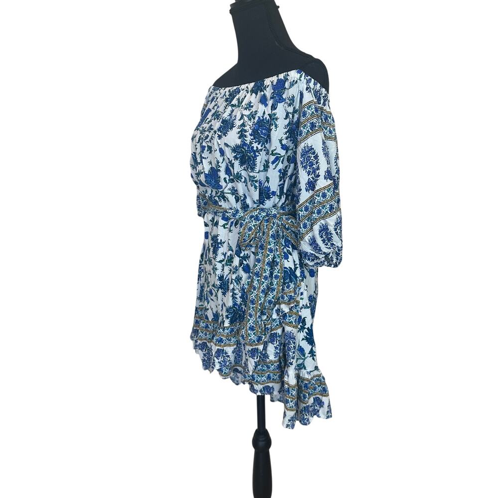 Nicole Miller Blue Floral Peasant Mini Dress LARGE Cottage Ruffle Designer $200 - Picture 3 of 6